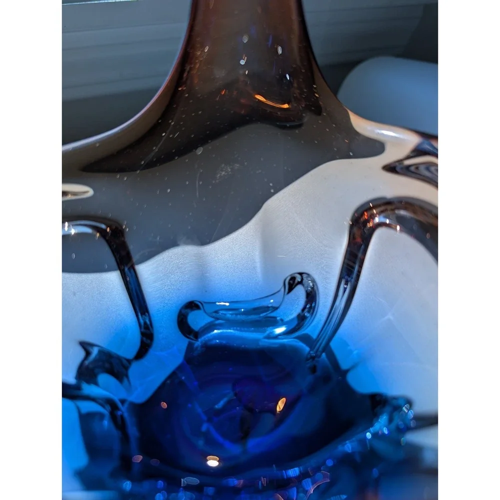 Vintage Murano Style Sommerso Glass Basket Handled Bowl Blue Amber Red Large 7